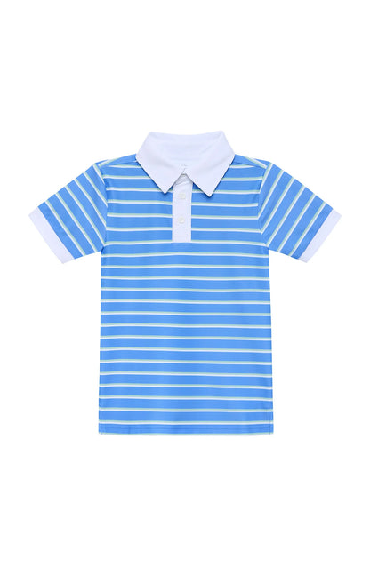 Blue and white striped polo shirt with a white collar on a white background