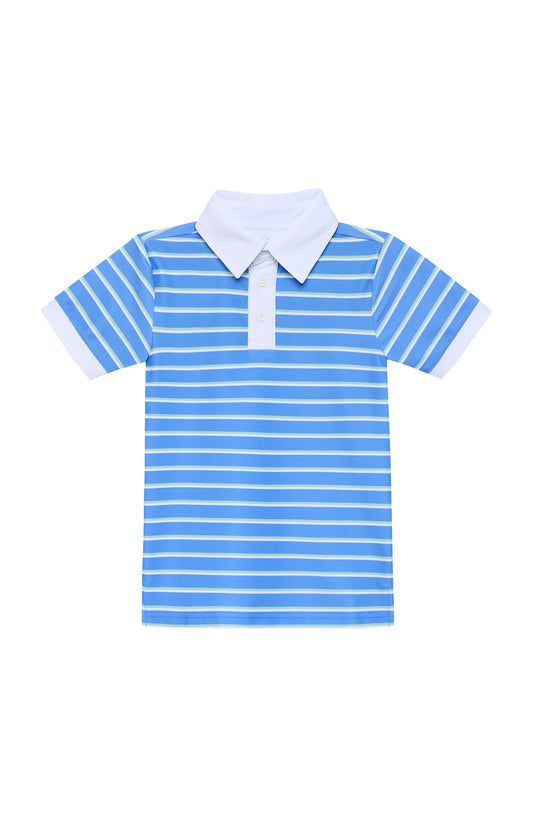 Blue and white striped polo shirt with a white collar on a white background