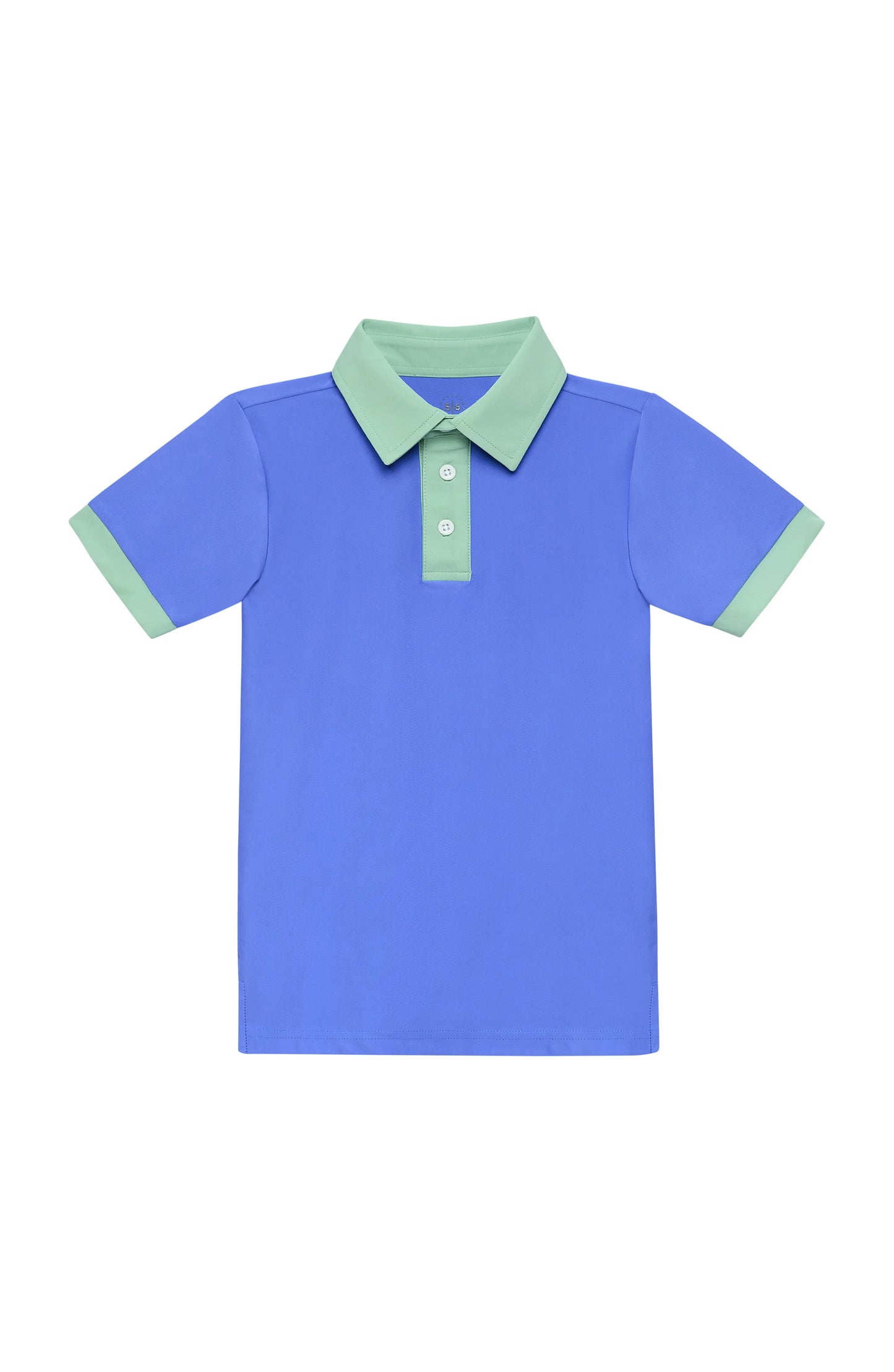 Blue polo shirt with green trim on a white background