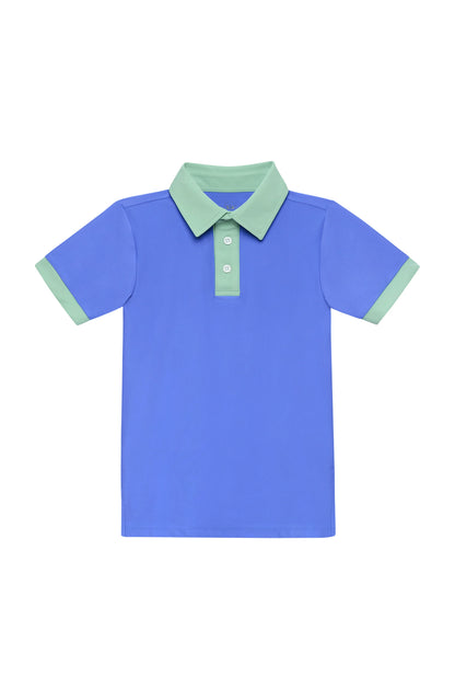 Blue polo shirt with green trim on a white background