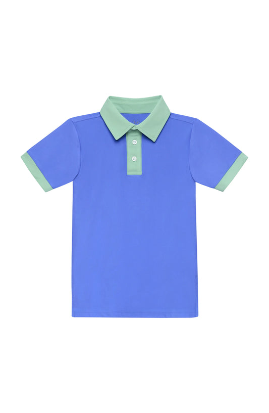 Blue polo shirt with green trim on a white background
