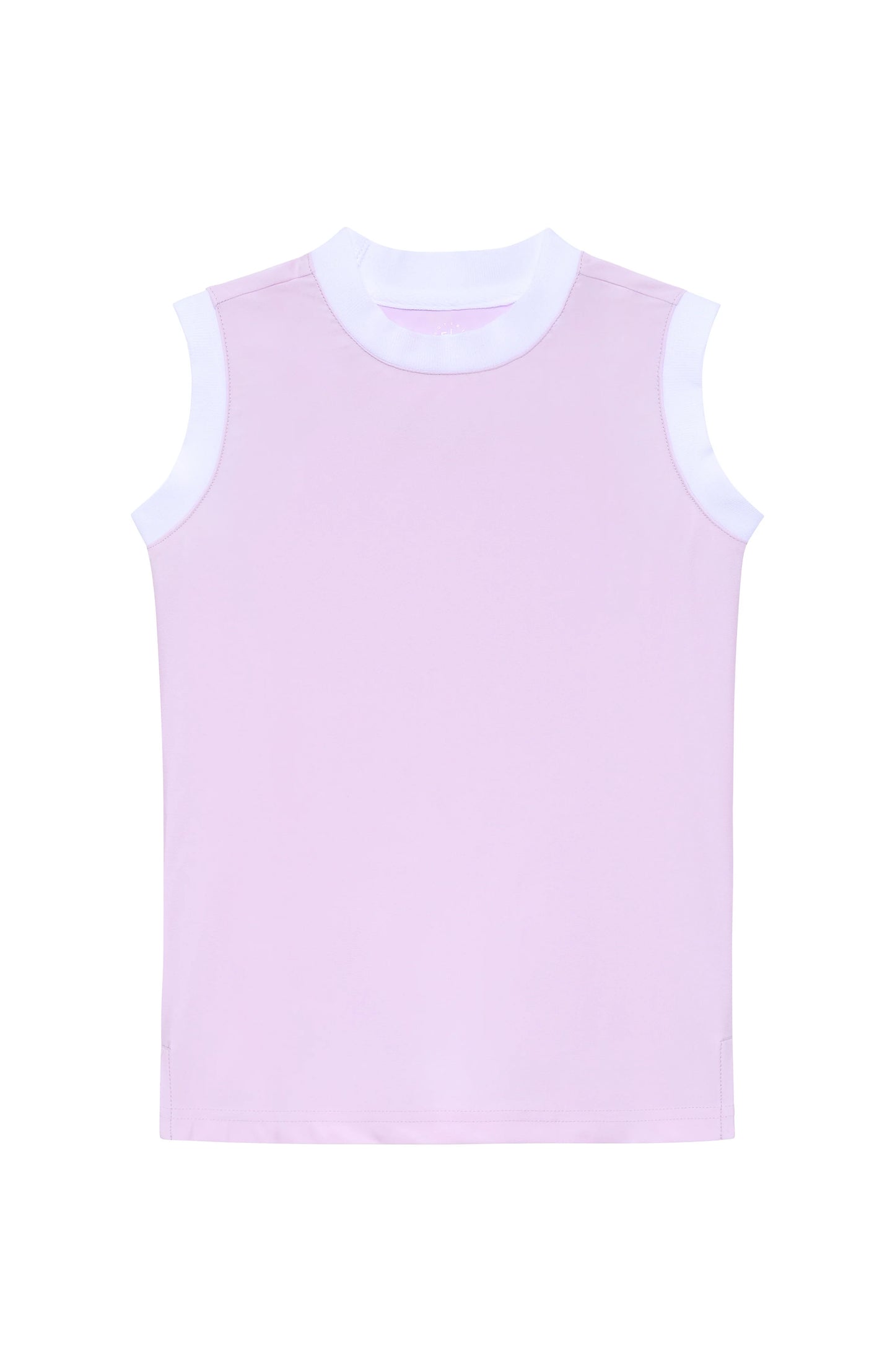 Light purple sleeveless top with white trim on a white background