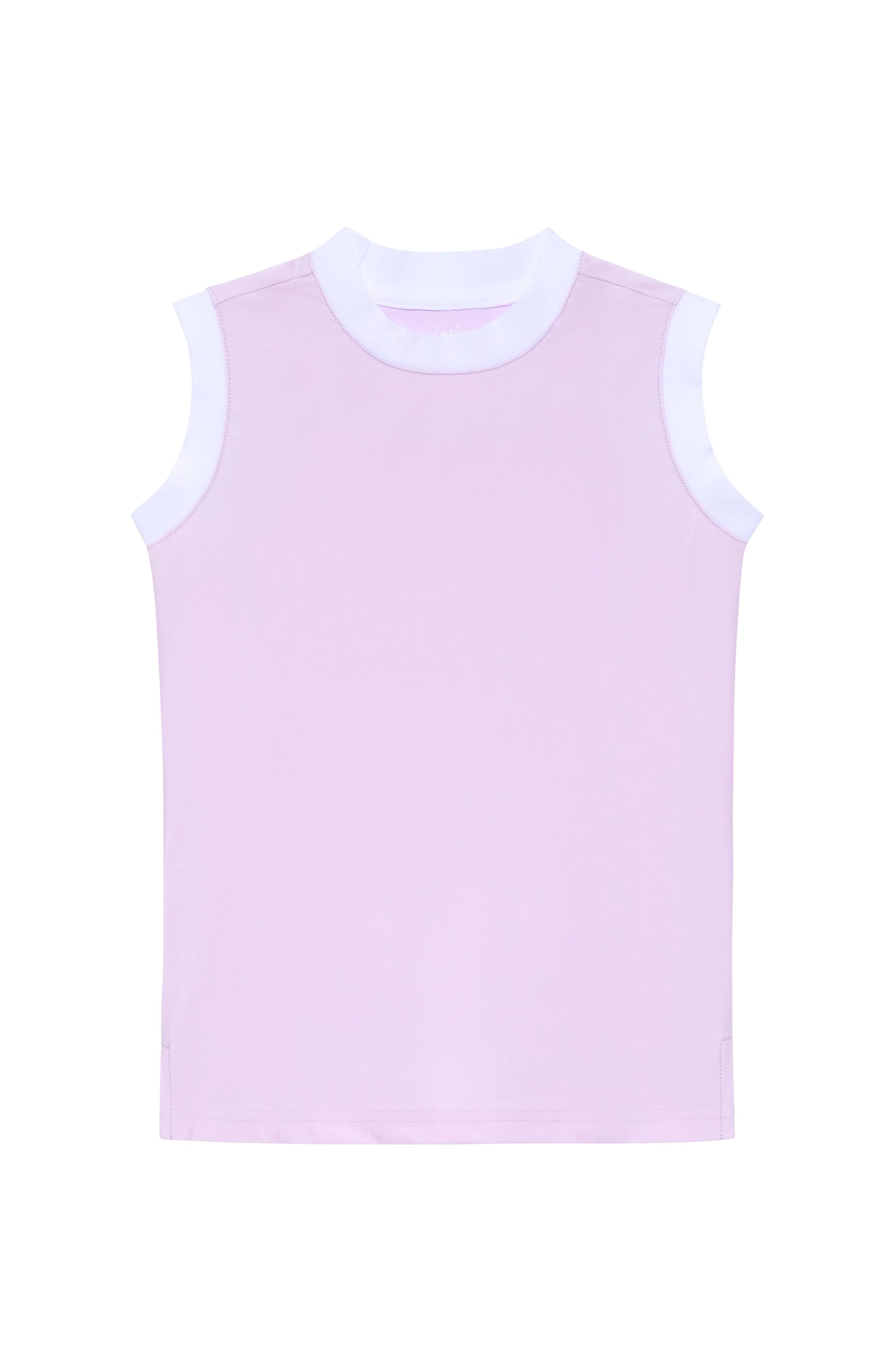 Light purple sleeveless top with white trim on a white background