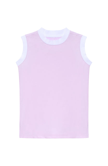 Light purple sleeveless top with white trim on a white background