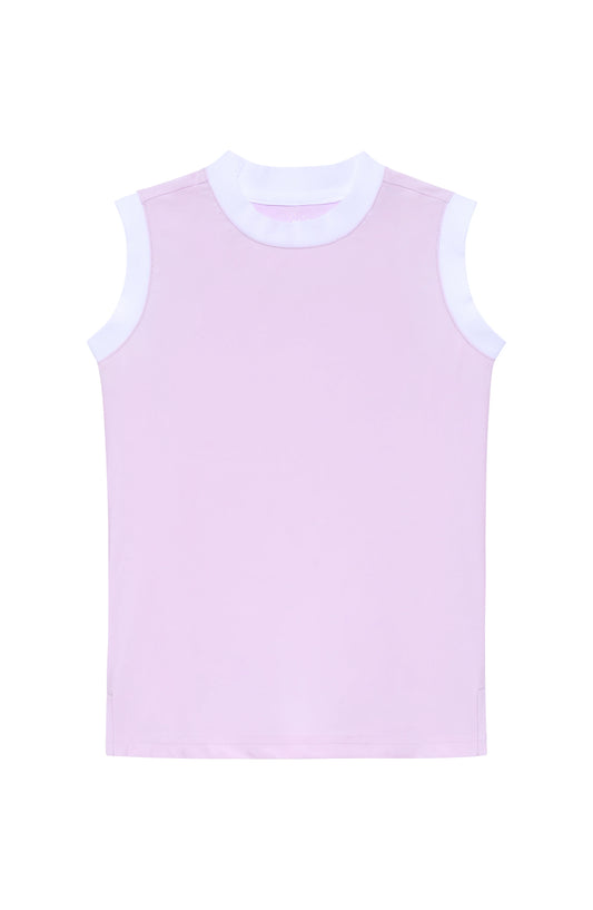 Light purple sleeveless top with white trim on a white background