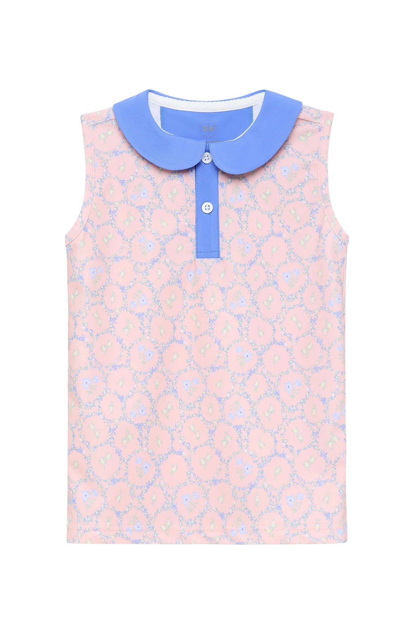 Pink sleeveless top with blue collar on a white background