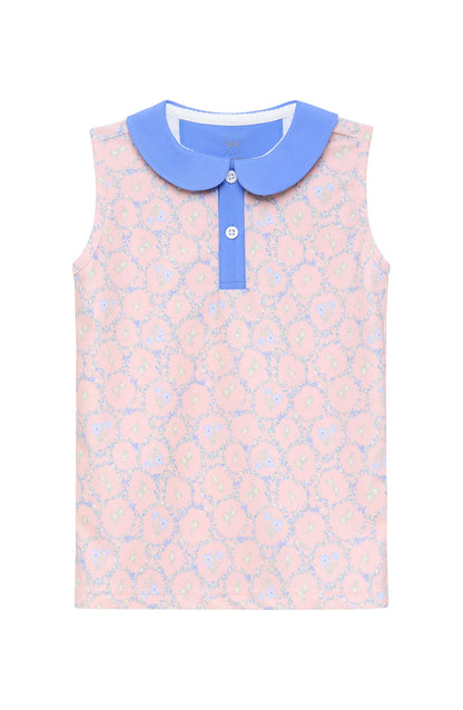 Pink sleeveless top with blue collar on a white background