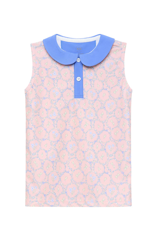 Pink sleeveless top with blue collar on a white background