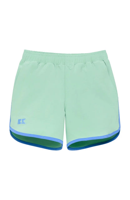Light green shorts with blue accents on a white background