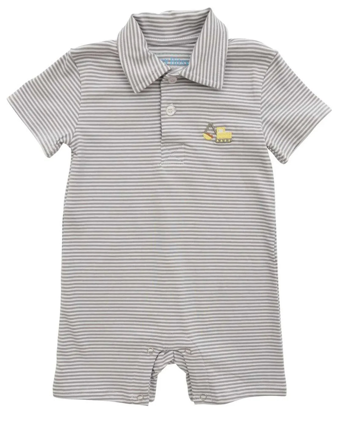 Gray striped baby romper with a small yellow logo on a white background