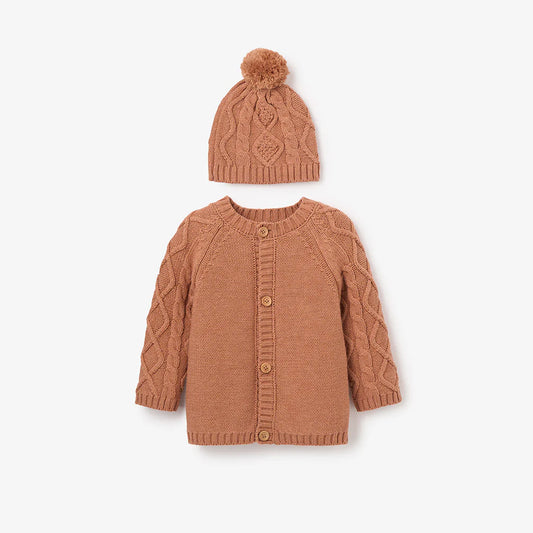 Rust Chunky Diamond Cable Cardigan & Hat