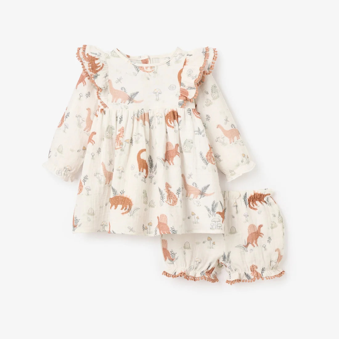 Dinosaur Family Ruffle Shoulder Muslin Dress