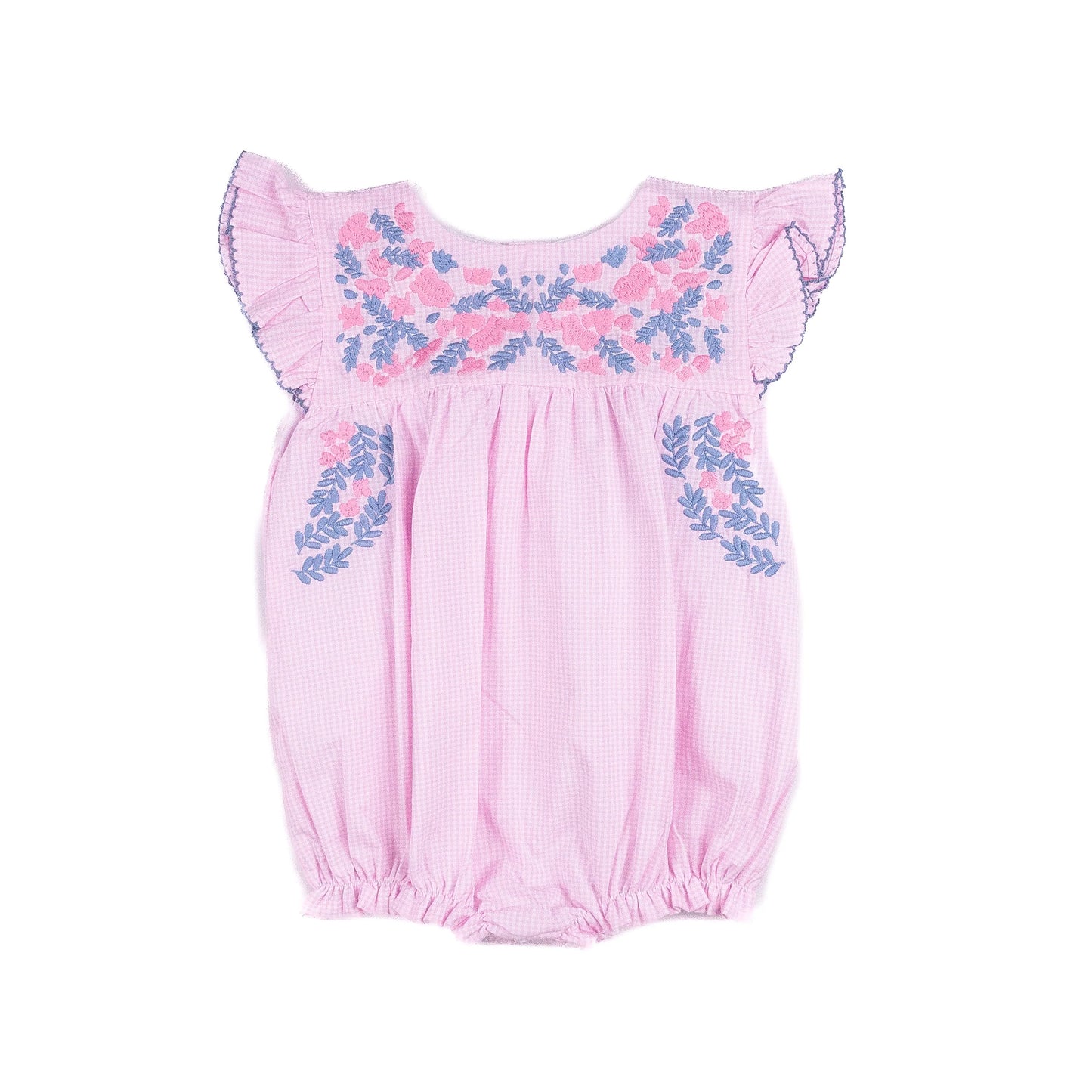 Pink baby romper with floral embroidery on a white background