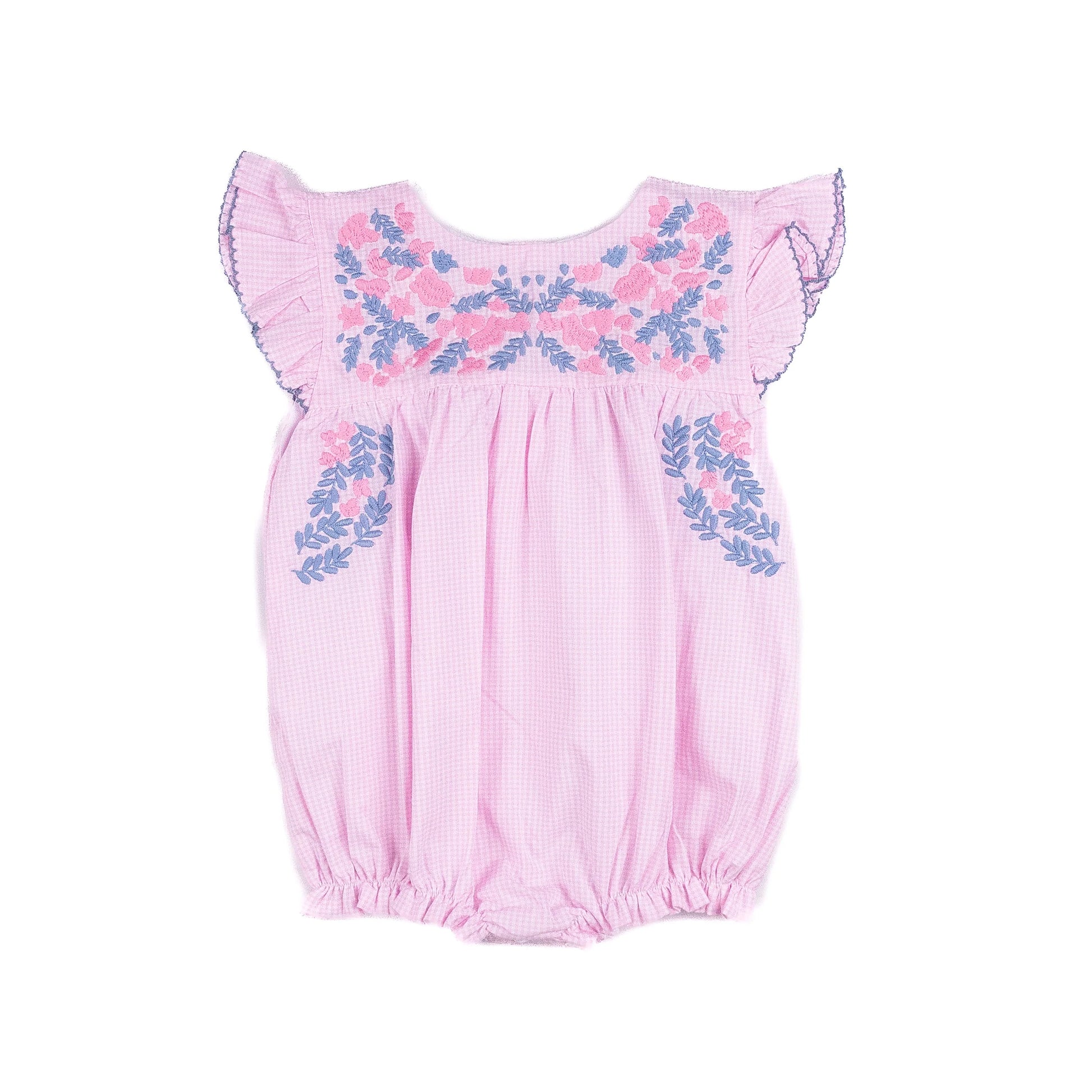 Pink baby romper with floral embroidery on a white background