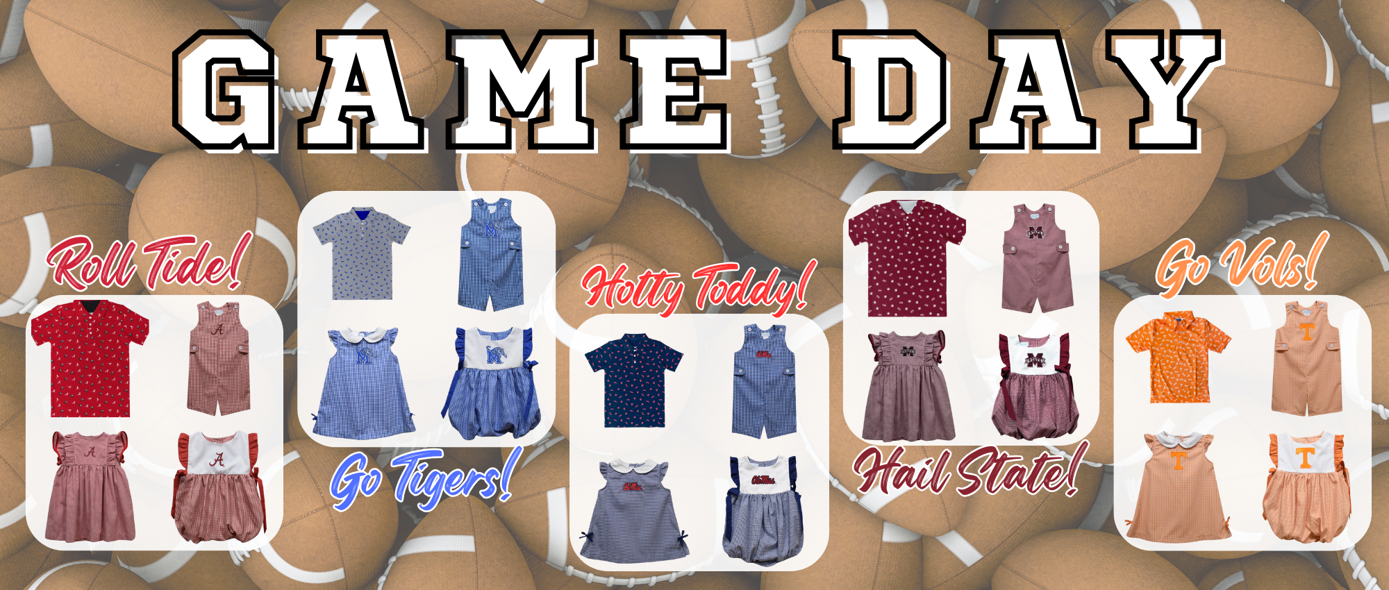 Promotional graphic for game day clothing with team names and colors on a football-themed background.