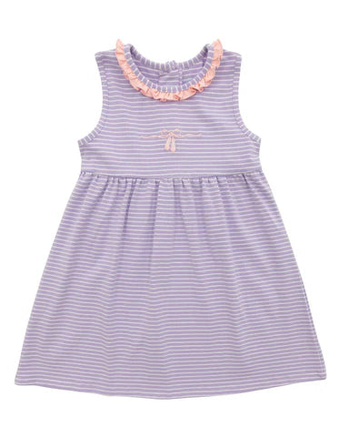 Purple striped dress with pink trim on a white background