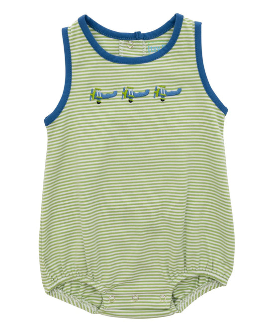 Green and white striped baby romper with blue trim and airplane design on a white background