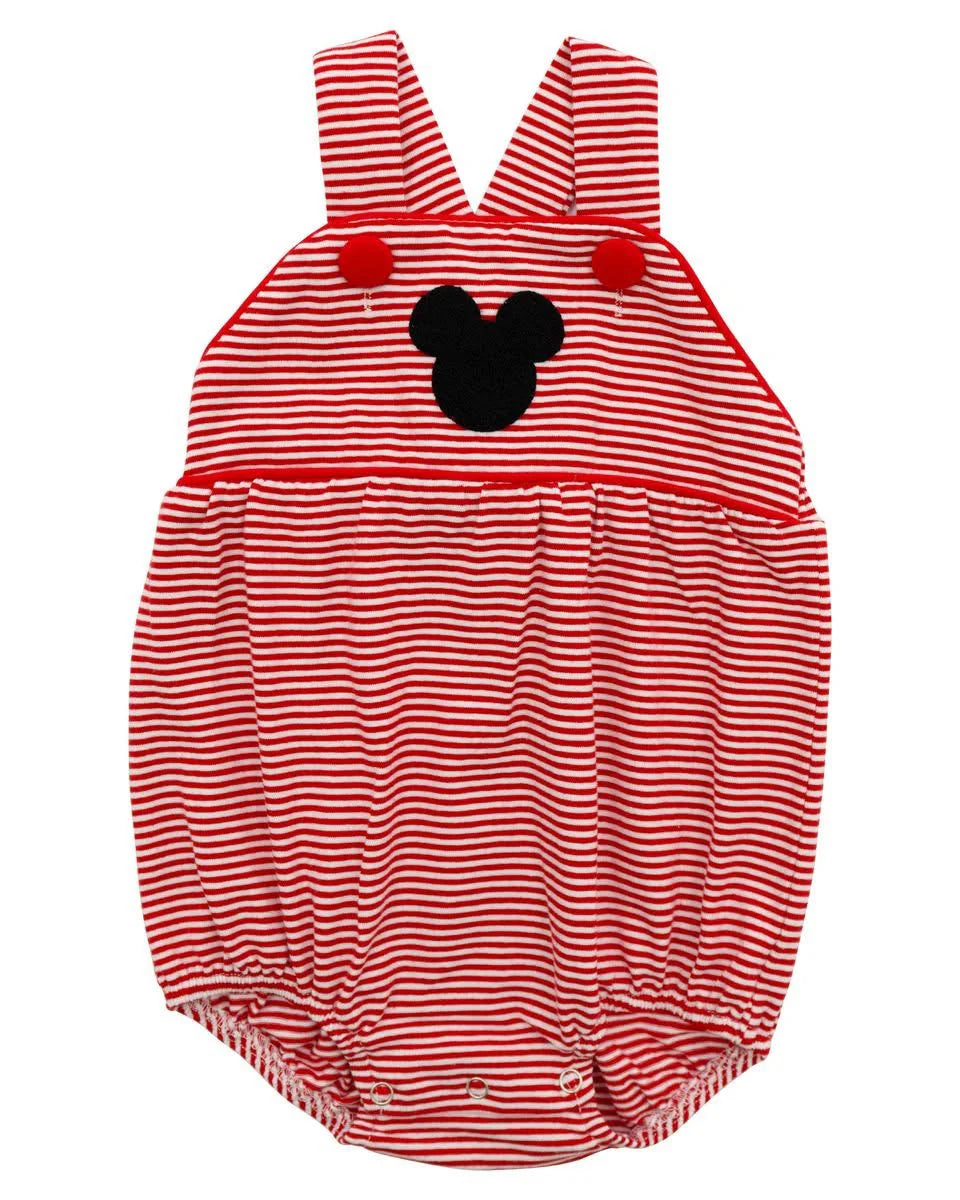 Red and white striped baby romper with black face design on a white background