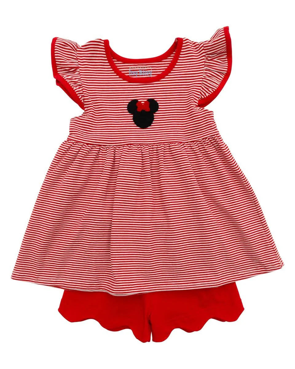 Red and white striped dress with a Minnie Mouse face design on a white background