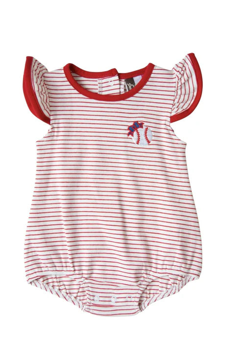Red and white striped baby romper with a small design on a white background