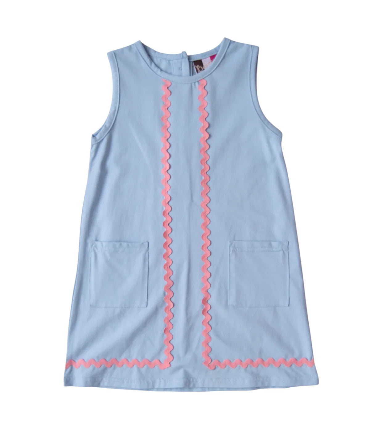 Light blue sleeveless dress with pink zigzag trim on a white background