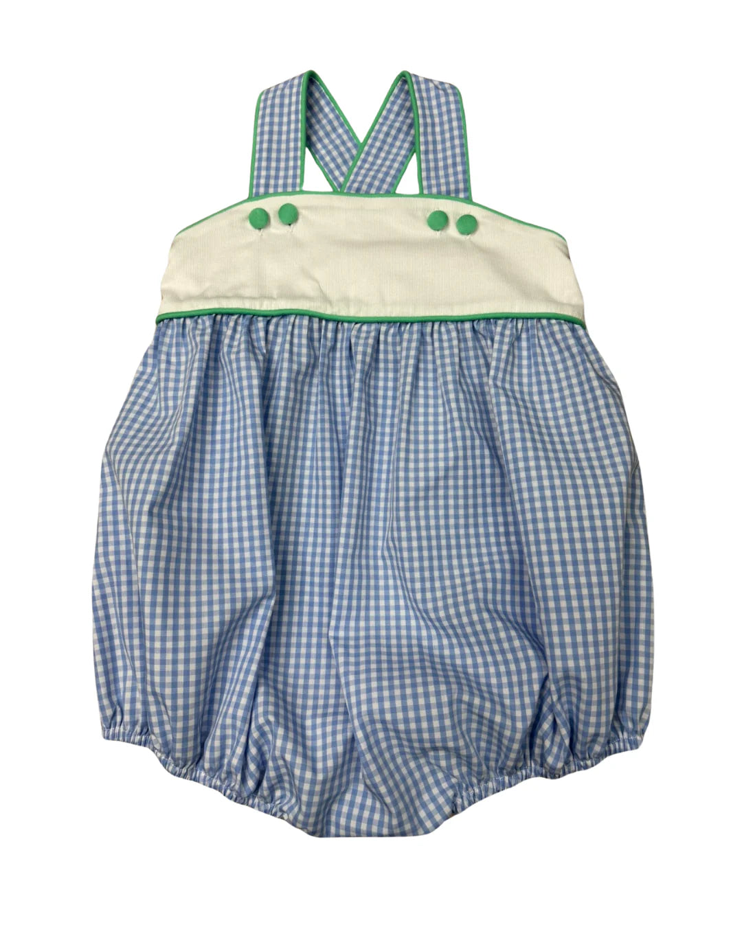 Blue checkered baby romper with green trim on a white background