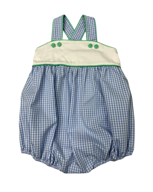 Blue checkered baby romper with green trim on a white background