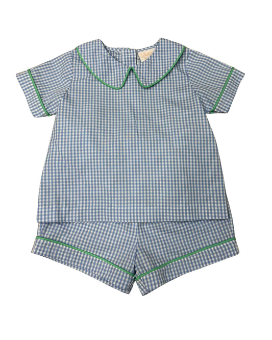 Children's blue and white checkered outfit with green trim on a white background