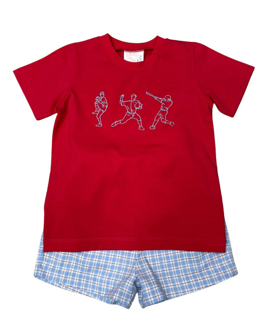 Red t-shirt with graphic design and checkered shorts on a white background