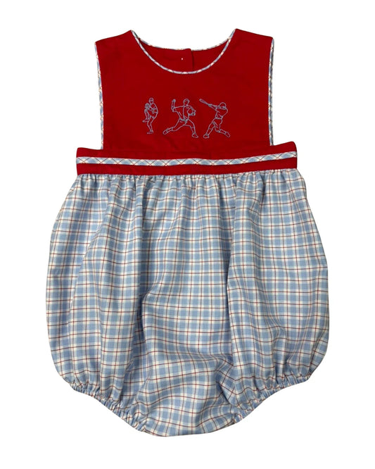 Red top and blue plaid bloomers on a white background
