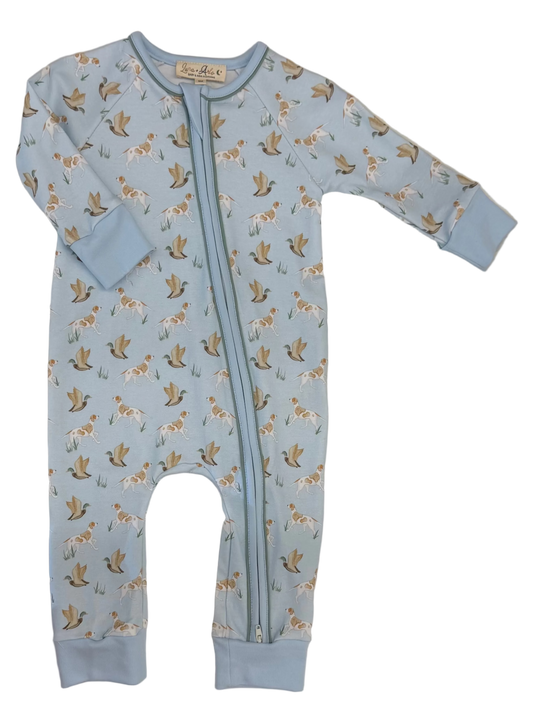 A baby long-sleeve footless zip-up sleeper in light blue with a repeating brown and gold animal print.