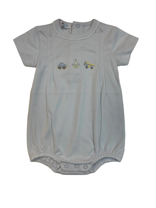 Light blue baby romper with embroidered designs on a white surface