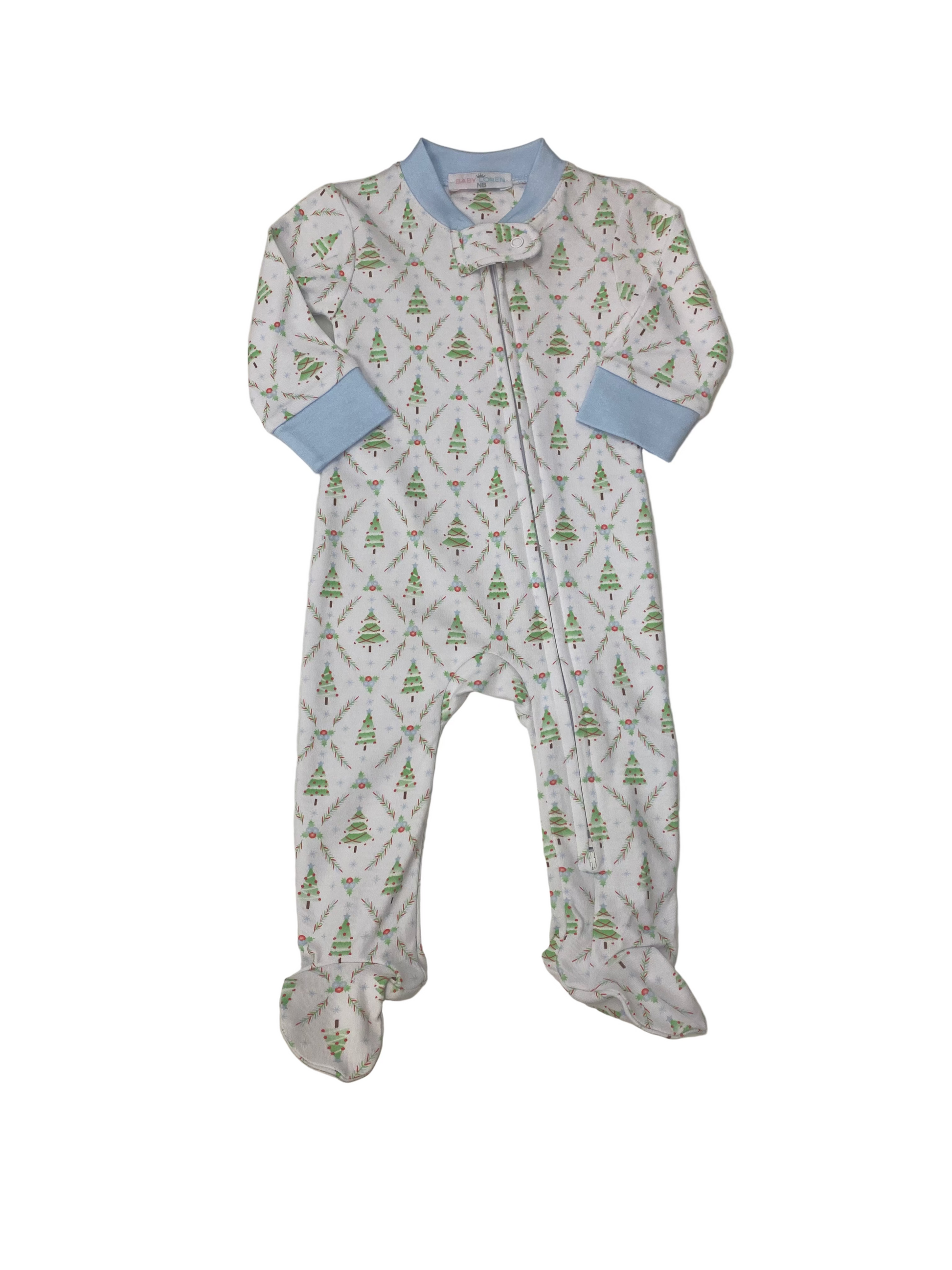 Baby onesie with tree pattern on a light gray surface