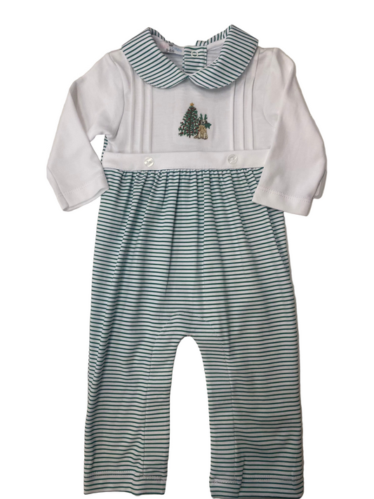 Baby romper with white shirt and green striped pants on a light gray background