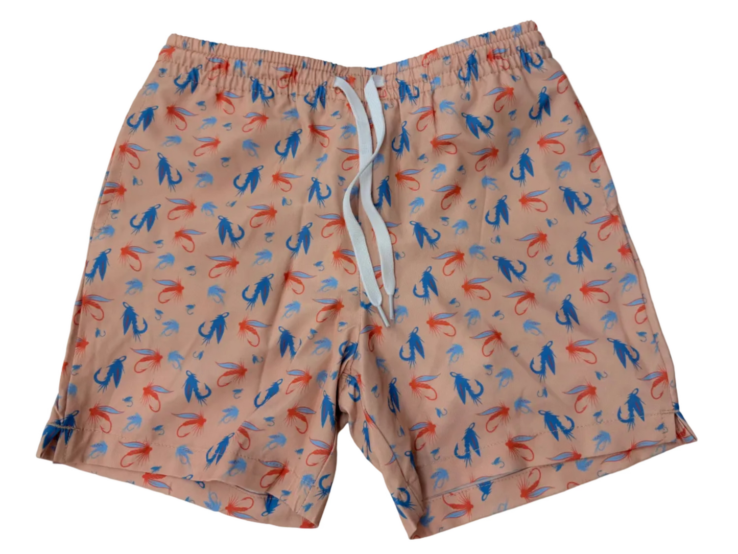 Swim shorts with colorful pattern on a light background
