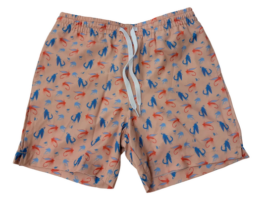 Swim shorts with colorful pattern on a light background