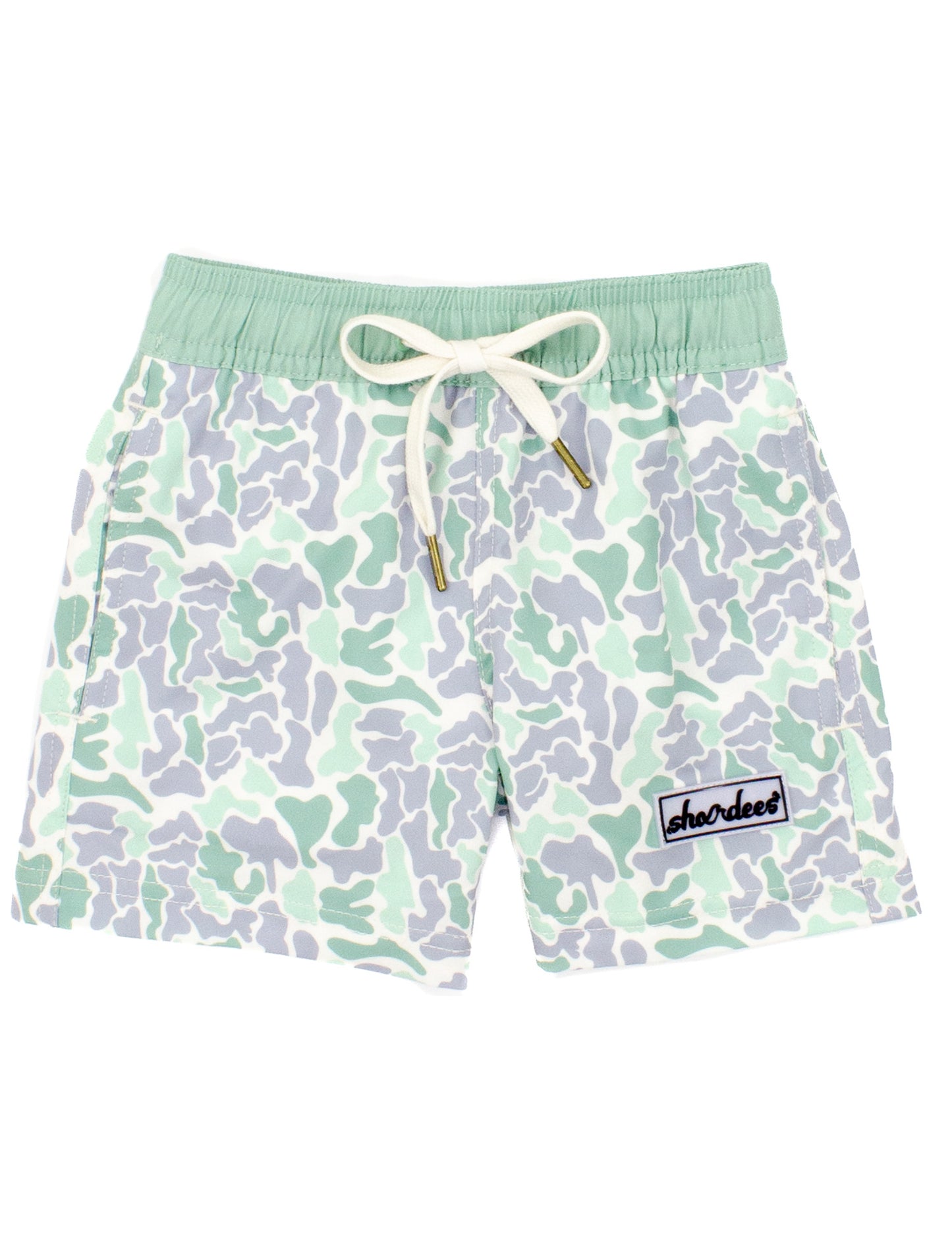 Patterned shorts with a drawstring on a white background