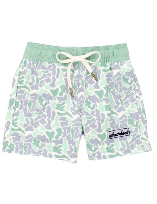 Patterned shorts with a drawstring on a white background