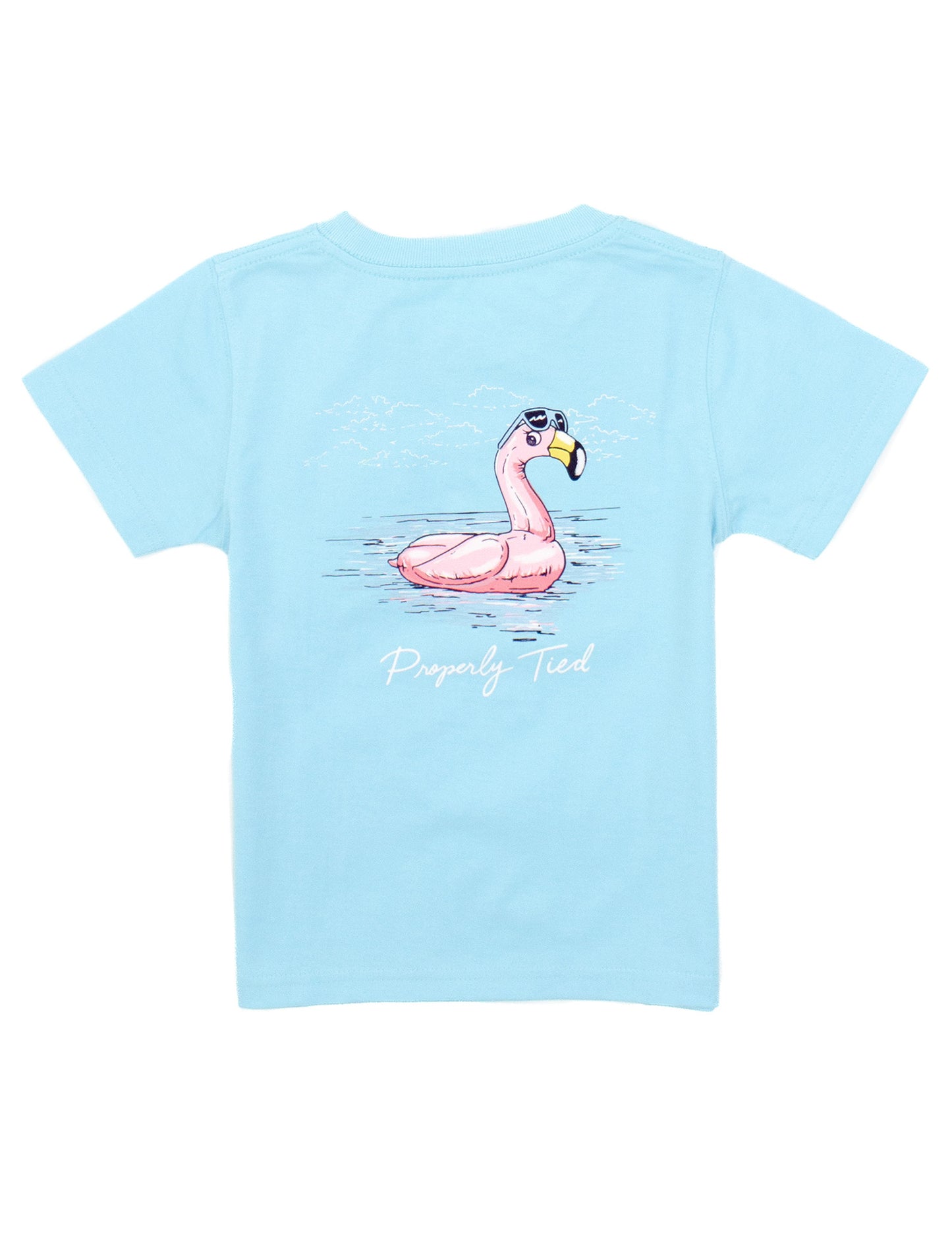 Light blue t-shirt with a flamingo graphic and text on a white background