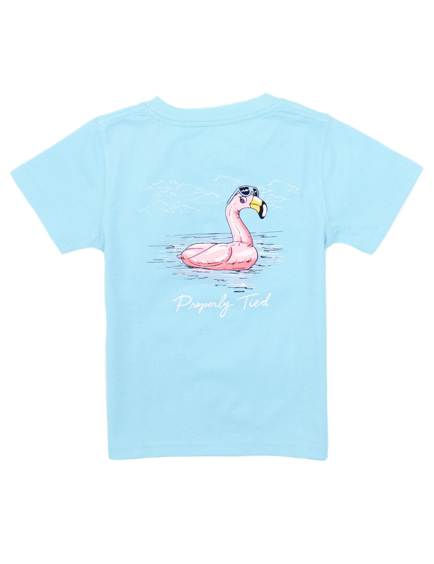 Light blue t-shirt with a flamingo graphic and text on a white background