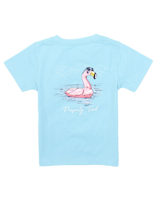 Light blue t-shirt with a flamingo graphic and text on a white background