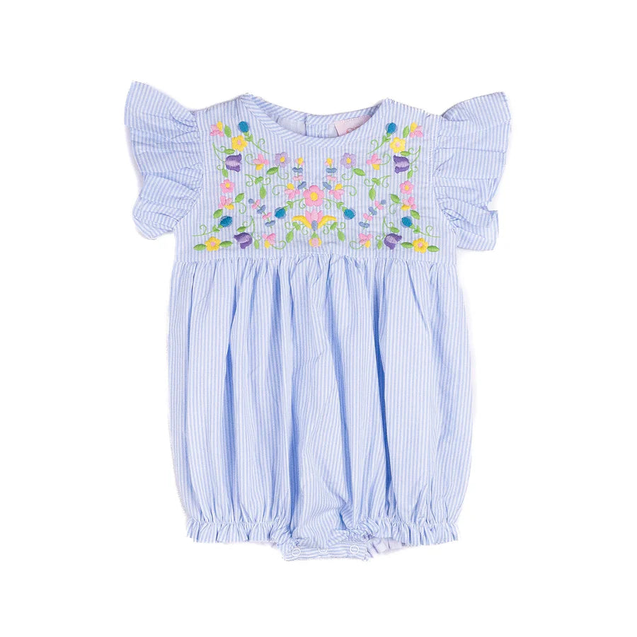 Baby romper with floral smocking on a white background