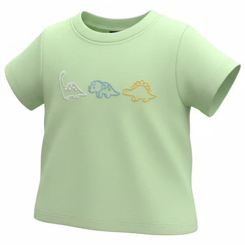 Light green t-shirt with dinosaur designs on a white background