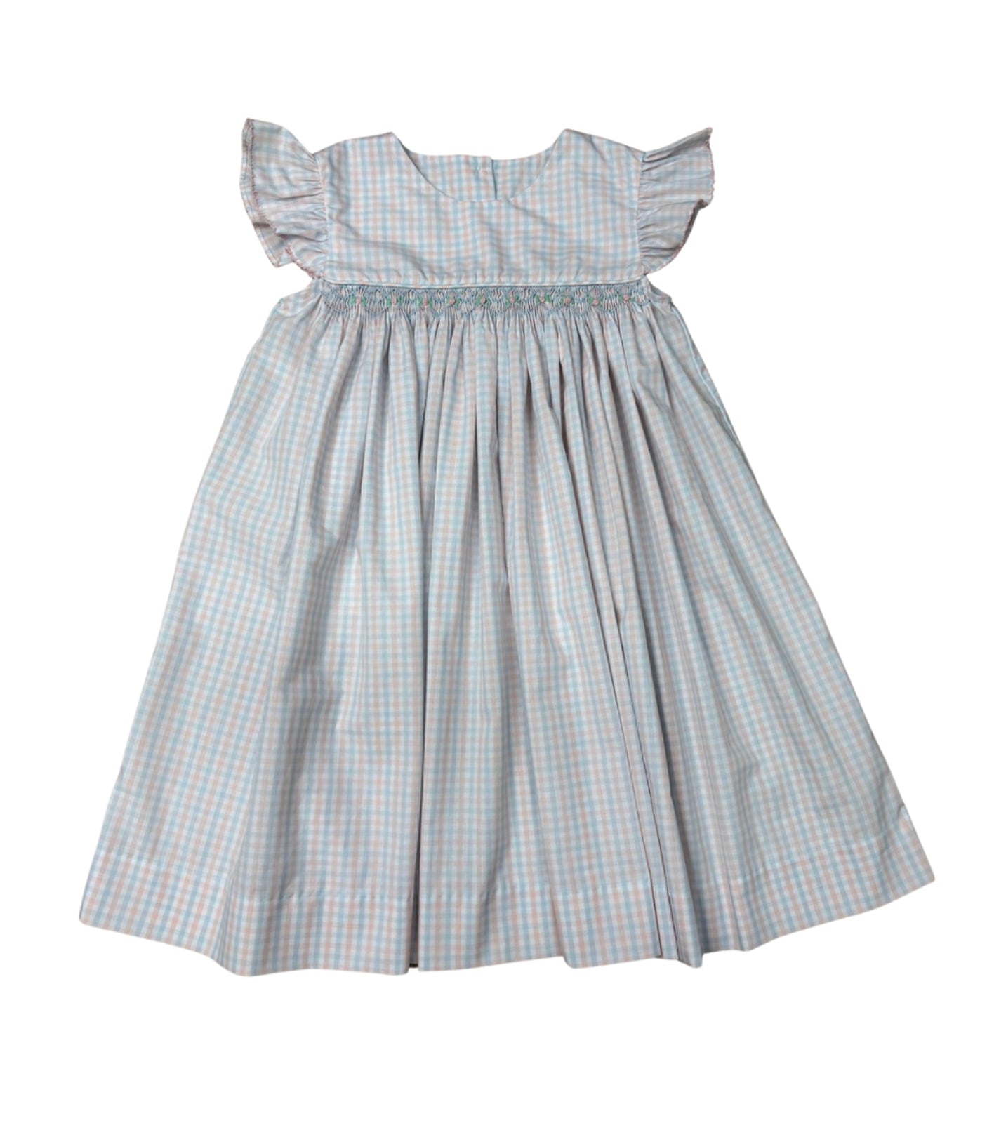 Checkered dress with ruffled sleeves on a white background