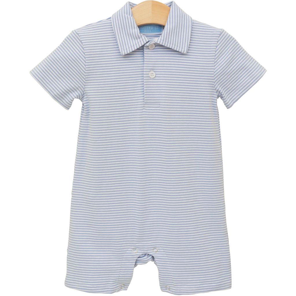 Dusty Blue Stripe Polo Romper