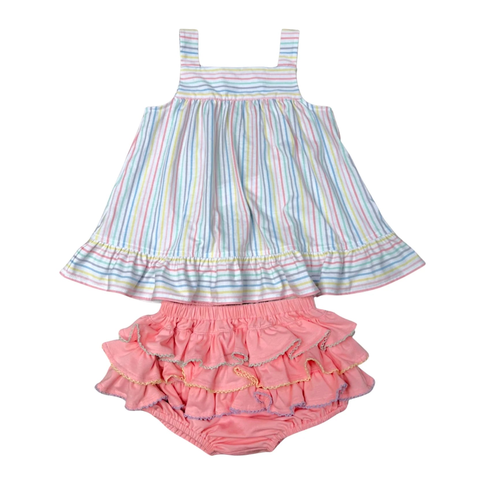 Children's outfit with striped dress and pink ruffled bloomers on a white background