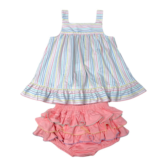 Children's outfit with striped dress and pink ruffled bloomers on a white background