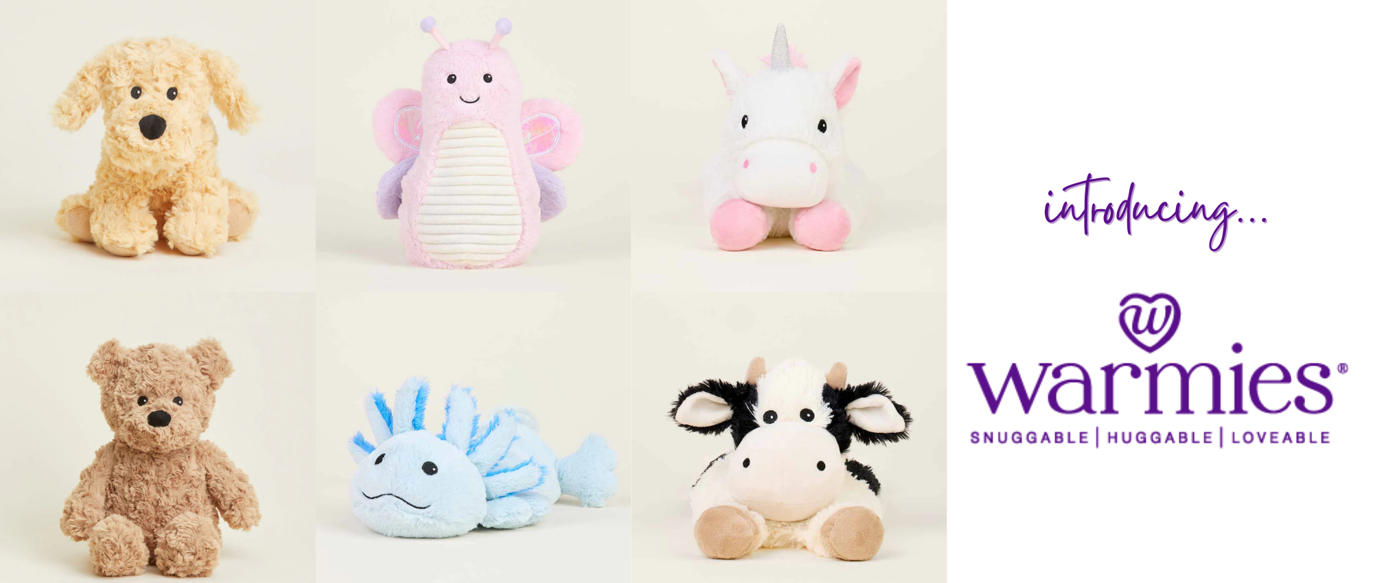 Collection of plush toys including a dog, unicorn, bear, and others on a light background with 'warmies' branding.