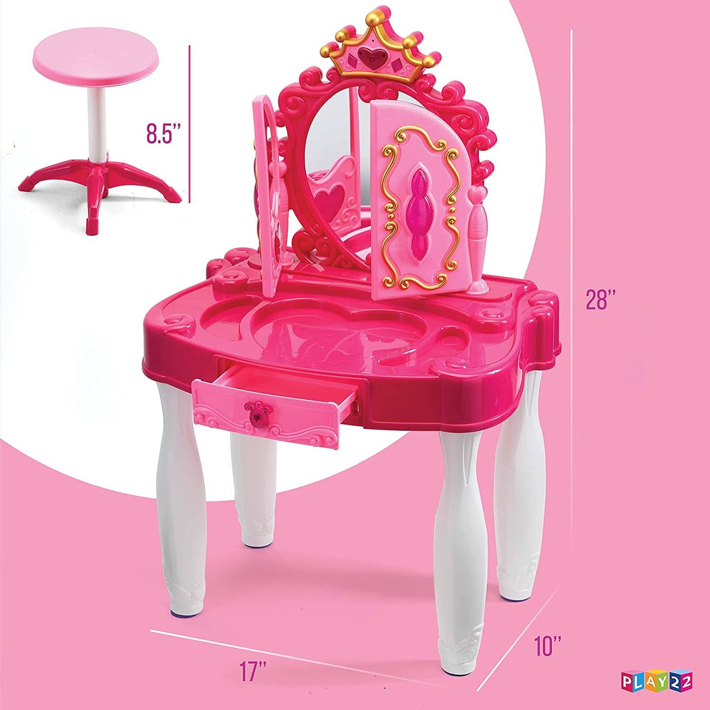 Pretend Play Girls Vanity Set with Mirror and Stool 21 PCS