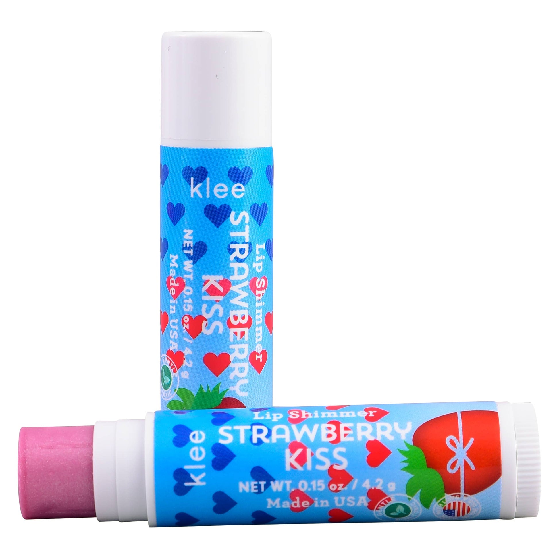 Two lip balm sticks with blue packaging featuring heart designs and 'klee' branding on a white background.